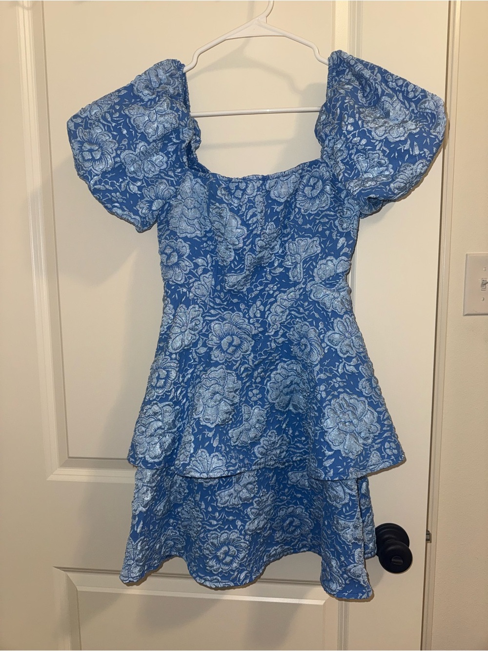 SHEIN Blue Floral Puff Sleeve Tiered Dress